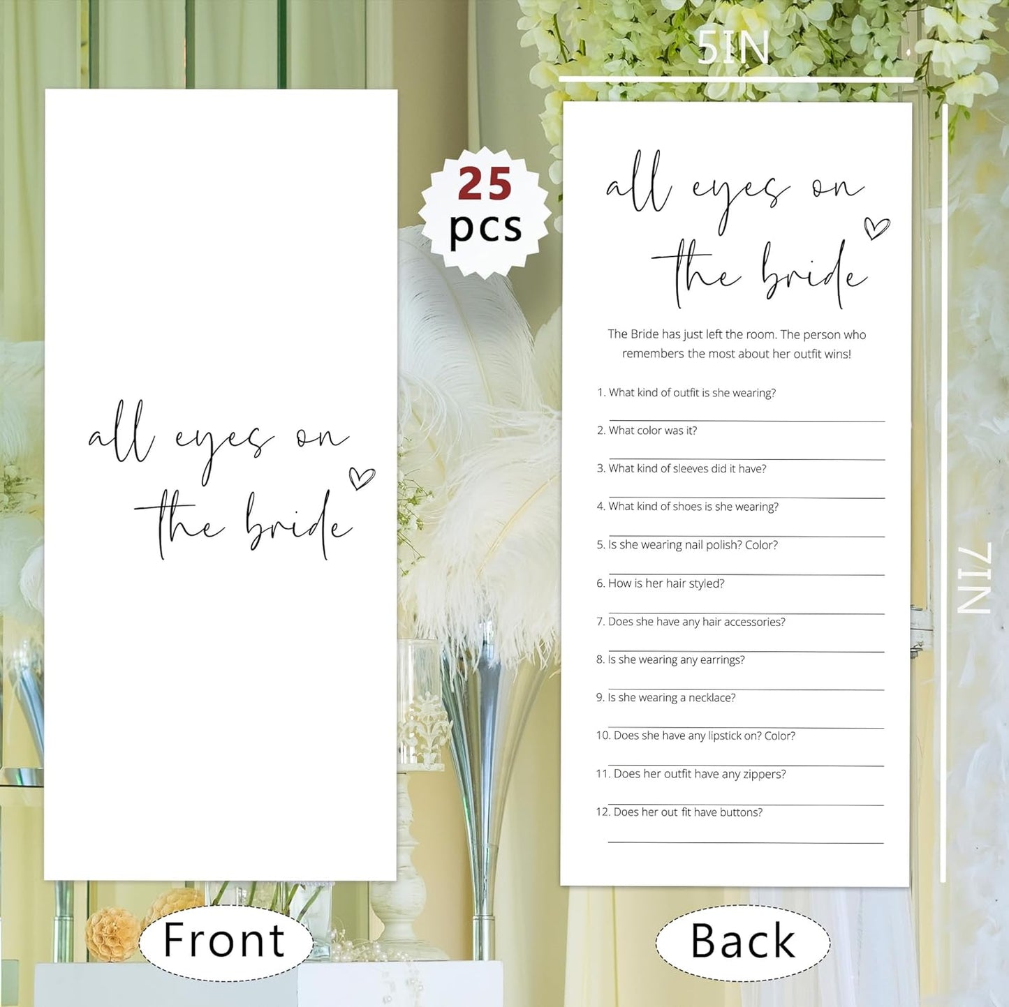 Bridal Shower Games, All Eyes On The Bride, 25Pcs 4x9inch Minimalist White Double-Sided Bridal Game Cards, Wedding Shower Games for Guests, Engagement Bachelorette Party Supplies - A20