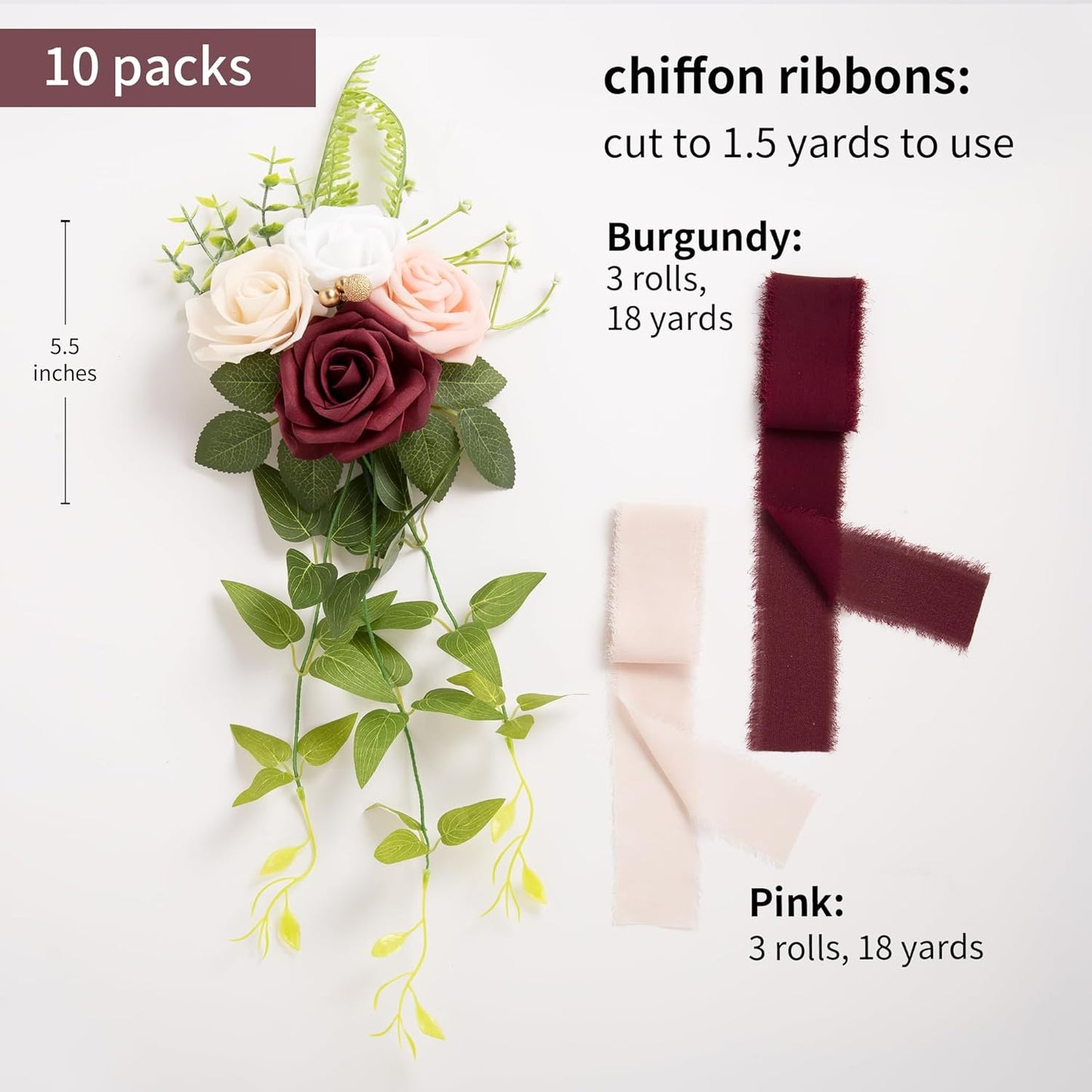 DORIS HOME Wedding Chair Decorations Burgundy Pew Flowers Set of 10 for Wedding Ceremony Party Aisle Decor with Artificial Flowers Eucalyptus and Ribbons