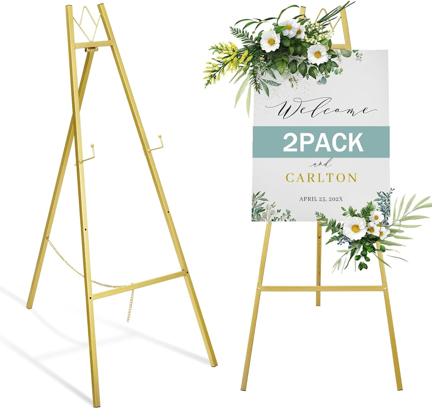 GRENTY 2 Pack Gold Easel Stand for Wedding Signs ??No Assembly Needed, Heavy Duty Metal Display Stand for Art, Welcome Signs, Posters, Pictures, Paintings, and Floor Décor