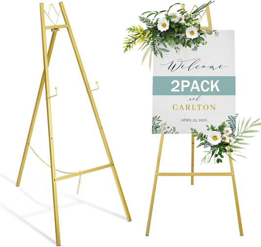 GRENTY 2 Pack Gold Easel Stand for Wedding Signs ??No Assembly Needed, Heavy Duty Metal Display Stand for Art, Welcome Signs, Posters, Pictures, Paintings, and Floor Décor