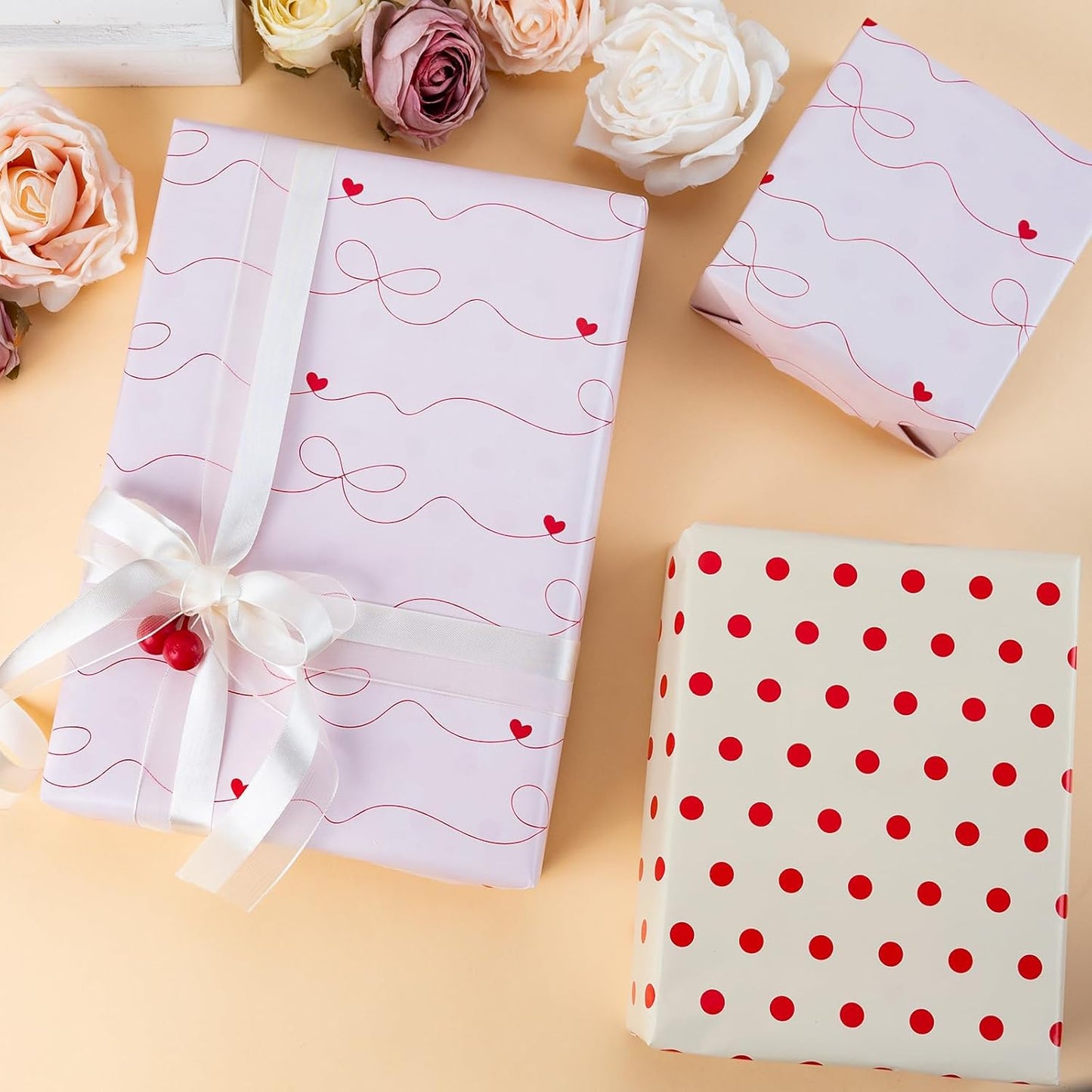 Flyhill Polka Dot Wrapping Paper,Reversible Pink Beige Elegant Heart & Bow Gift Wrap Suitable for Birthday,Girls,Baby Shower,Wedding (17 Inch X 32.8 Feet)