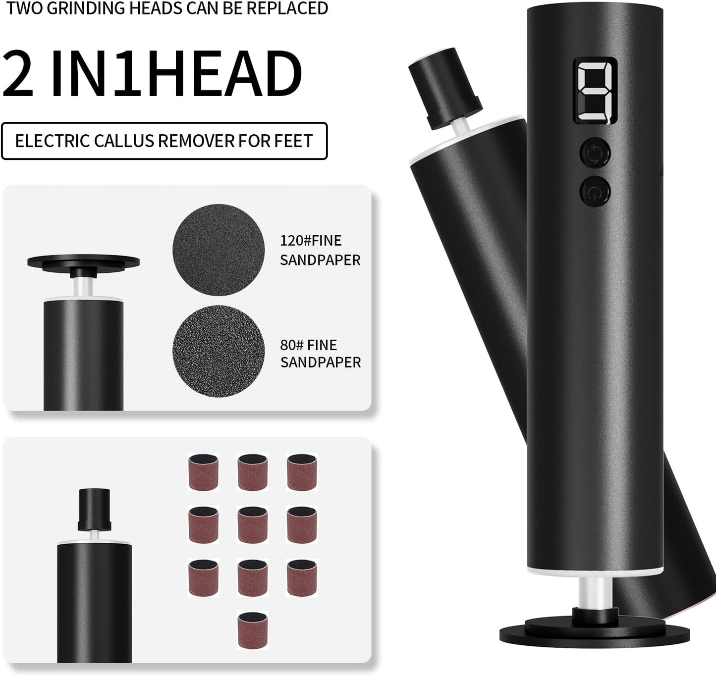 Powerful Electric Foot File & Callus Remover - Over 1-Hour Continuous Use, 360° Rotating Grinder, Foot Drill & Sander, 1200mAh Rechargeable Cordless Pedicure Tool,Foot Grinder(Black)