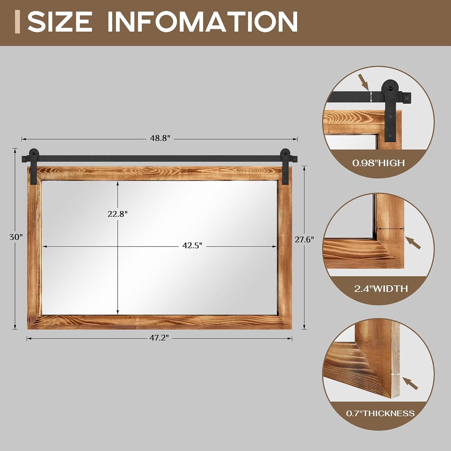 COGOOD Farmhouse Bathroom Mirror - 49 x 30 Rustic Wood Framed Wall Barn Door Mirror for Entryway, Living Room, Entryway Wall Decor (Brown)
