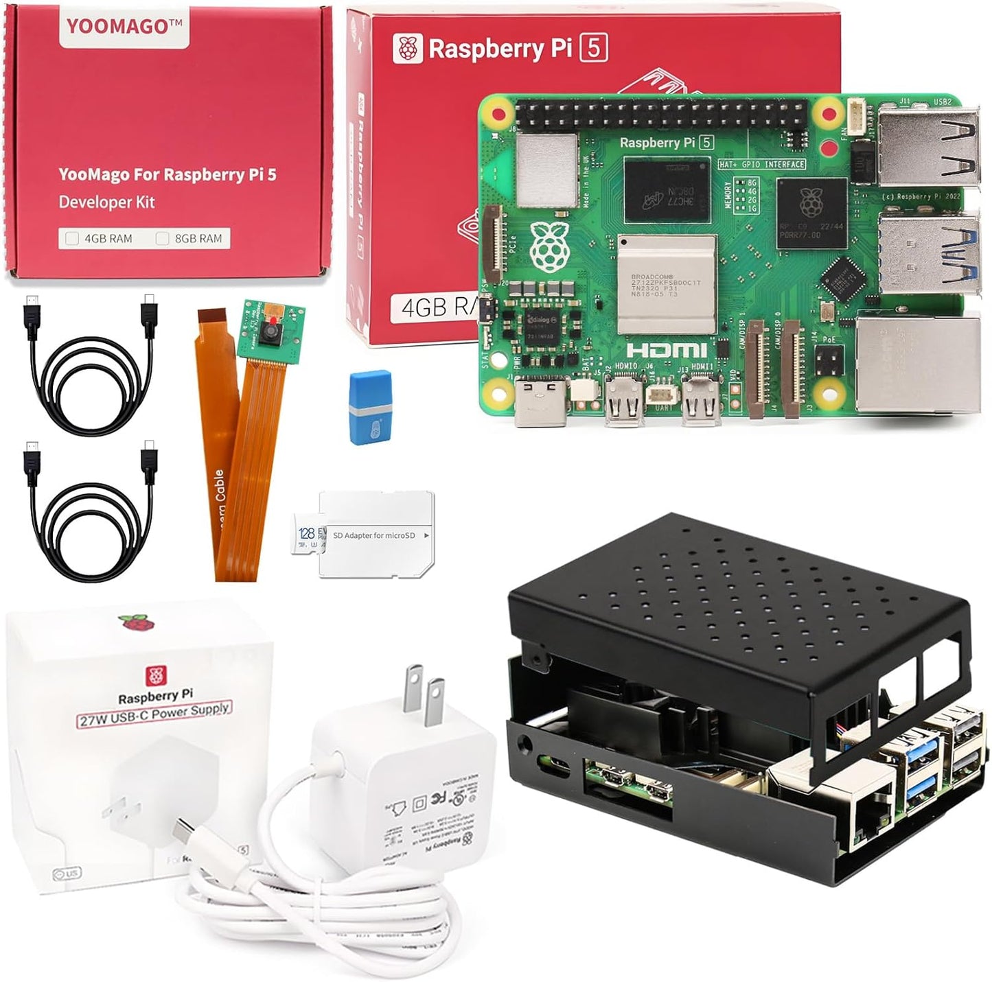 Raspberry Pi 5 Starter Kit with Pi 5 4GB RAM Board, 27W USB-C Pi 5 Power Supply, 128GB Card, Raspberry Pi 5 Aluminum Case