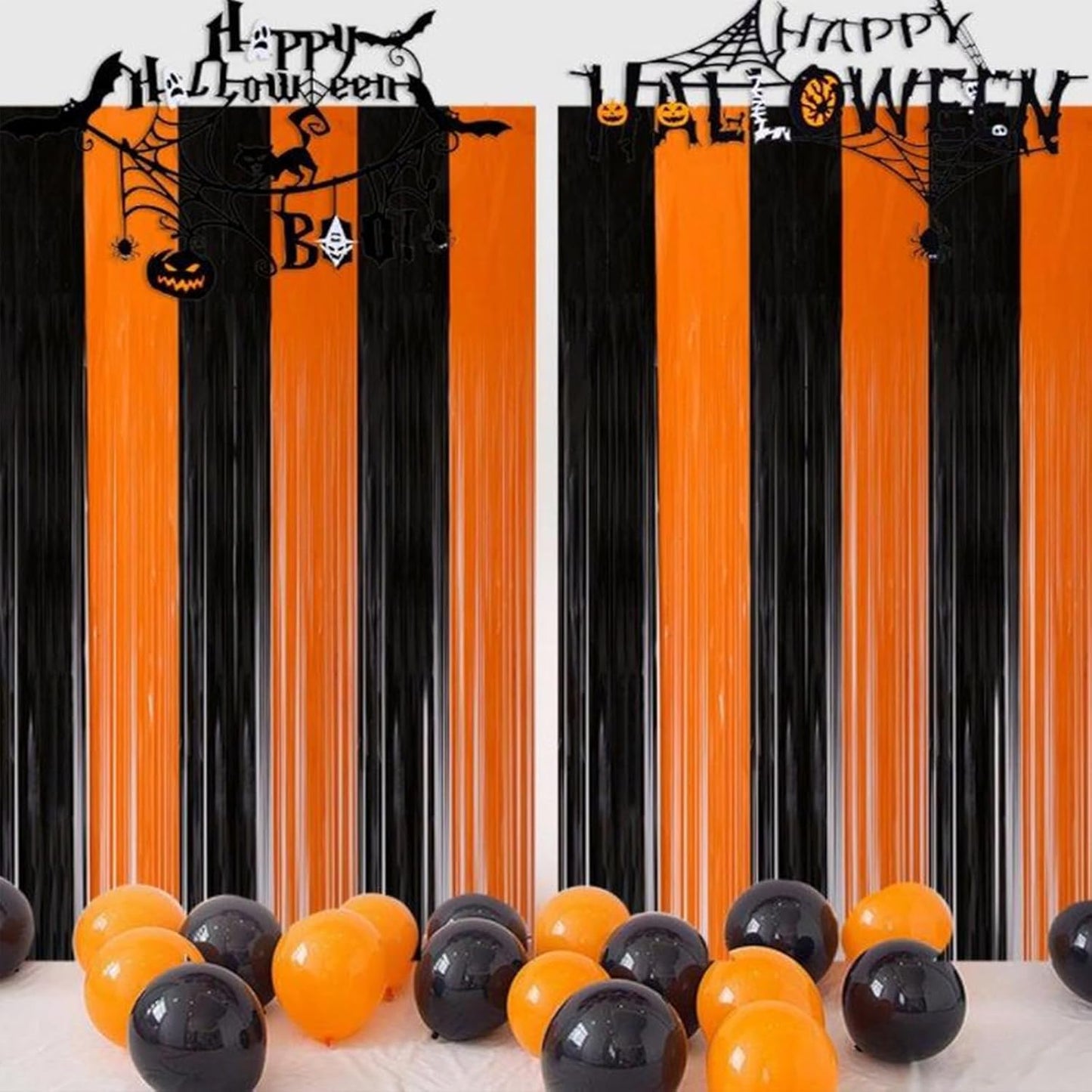 CANREVEL 2 Pack 3.3x8.2 Feet Black and Orange Foil Fringe Backdrop Curtains, Tinsel Streamers Birthday Party Decorations, Fringe Backdrop for Halloween, Bachelorette Party