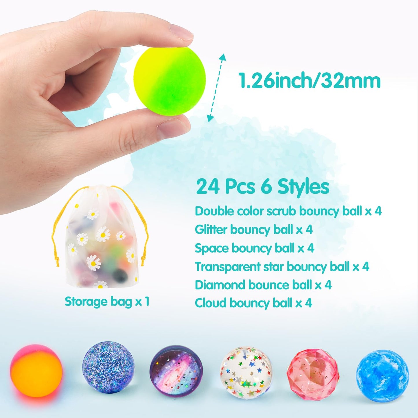Ecoofor 24 Pieces Bouncy Balls 32mm Bounce Balls 6 Styles High Bouncing Balls Toys for Kids Party