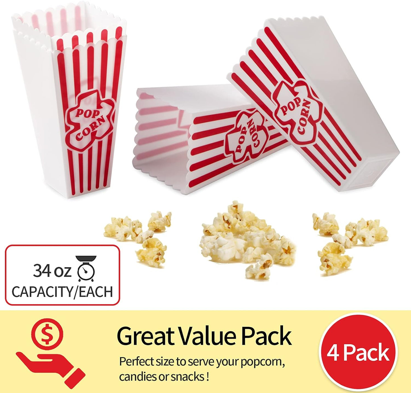 Plastic Popcorn Containers Red & White Striped Retro Style Reusable Popcorn Boxes for Movie Night 4”x8” - 6 Pack