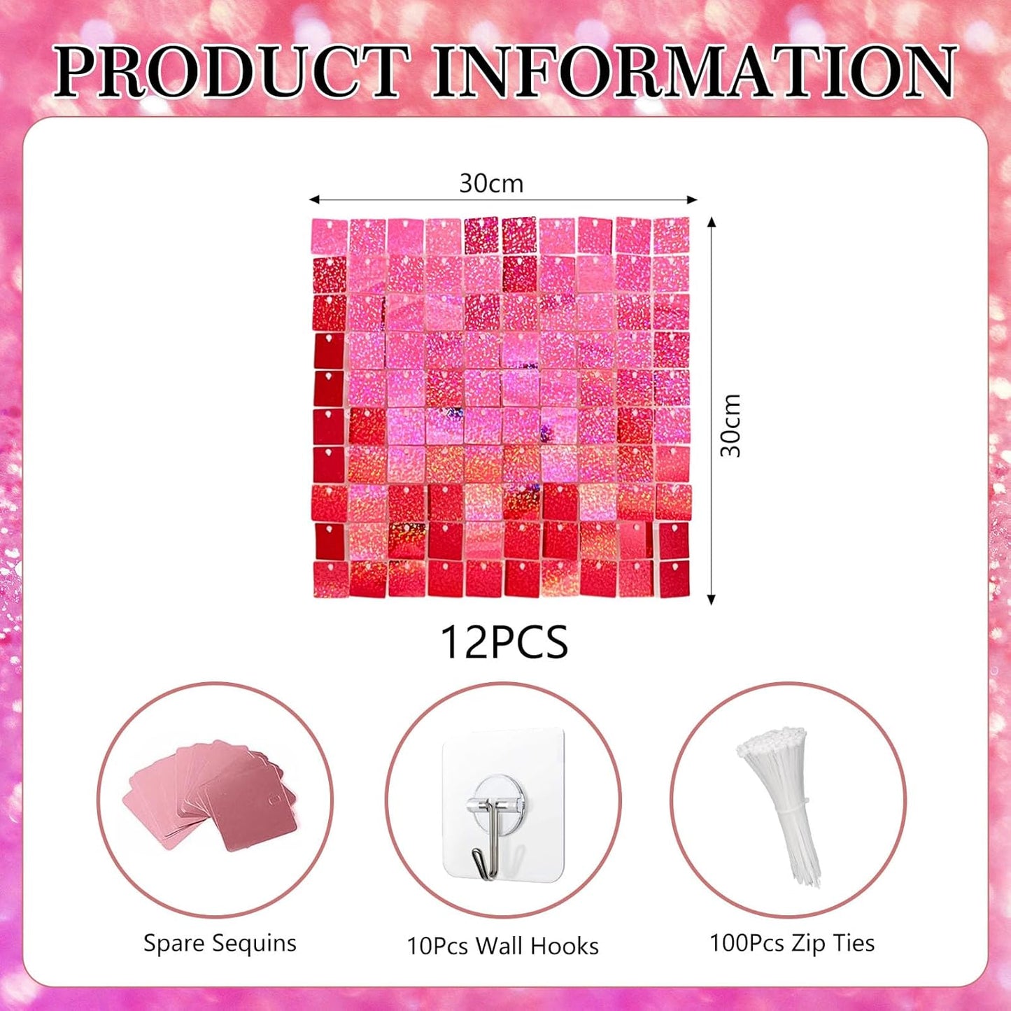 12PCS Deep Pink Shimmer Wall Backdrop, Laser Square Sequin Photo Backdrops Panel, Glitter Wall Background for Birthdays, Weddings, Christmas, Engagements, Disco Bachelorette Party Decor (3FTx4FT)