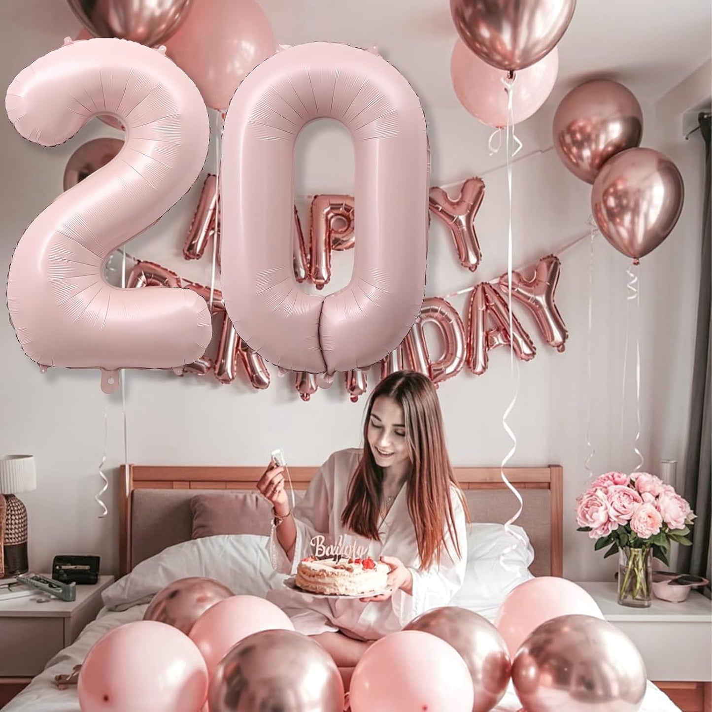 Pastel Pink 20 Balloon Number for Girls, 40'' Self Inflating Number 20 Balloons, Big Light Blush Pink Foil 2 & 0 Helium Balloon 20 for Women Boho Coquette 20th Birthday Party Anniversary Decorations