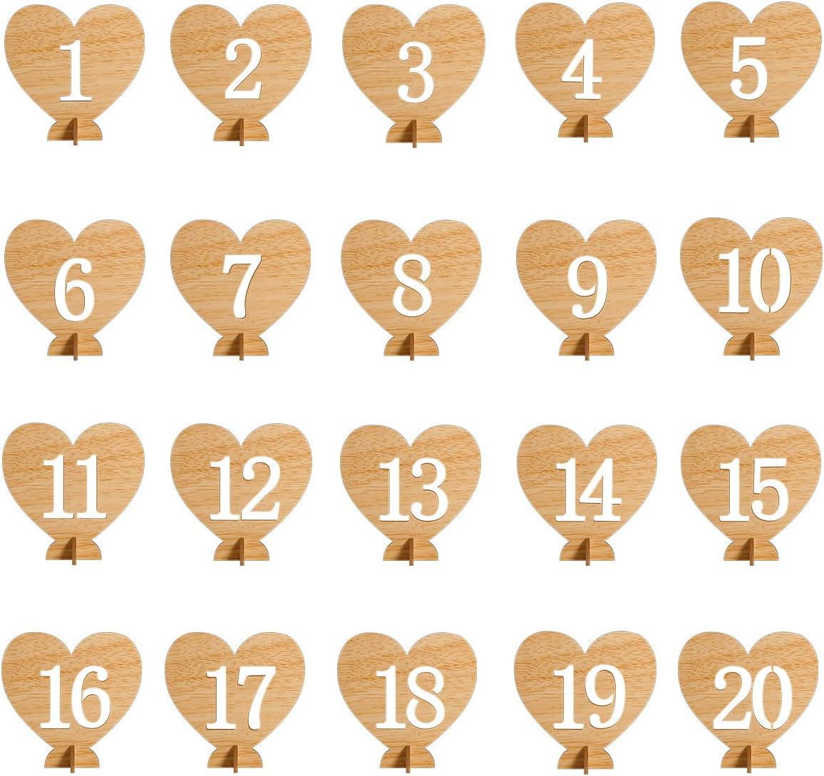Heart Shape Wooden Table Numbers 1-20 With Holder Base - Rustic Hollow Out Wood Cards for Wedding, Party, Event Decoration