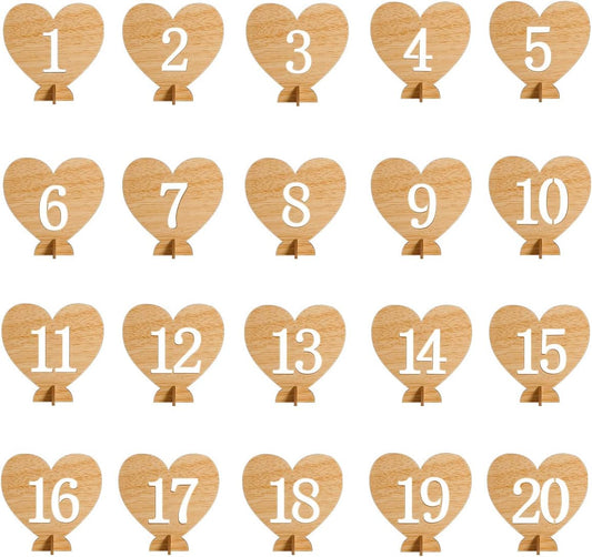 Heart Shape Wooden Table Numbers 1-20 With Holder Base - Rustic Hollow Out Wood Cards for Wedding, Party, Event Decoration