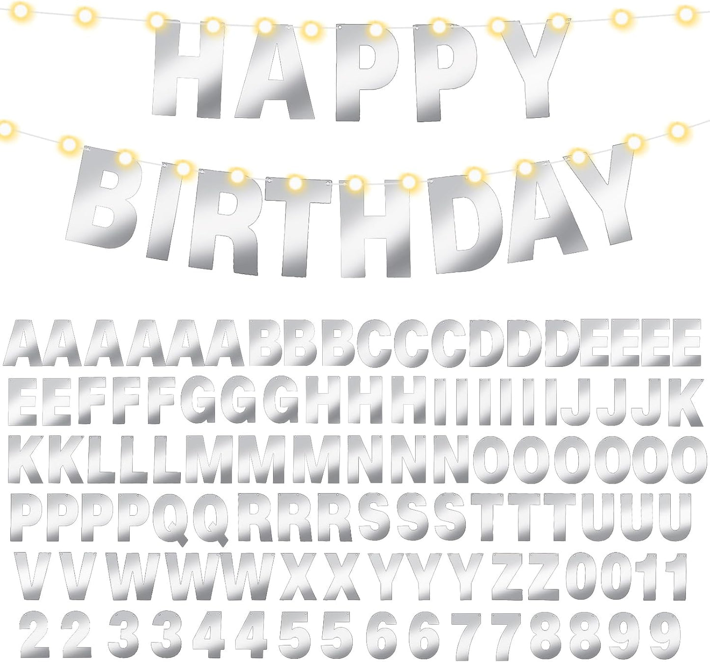 TaoBary 112 Pcs DIY Letter Custom Banner Glitter Customizable Banner Kit Including 107 Letters and Numbers 3 Rope for Valentine Birthday Party(Glossy Silver)