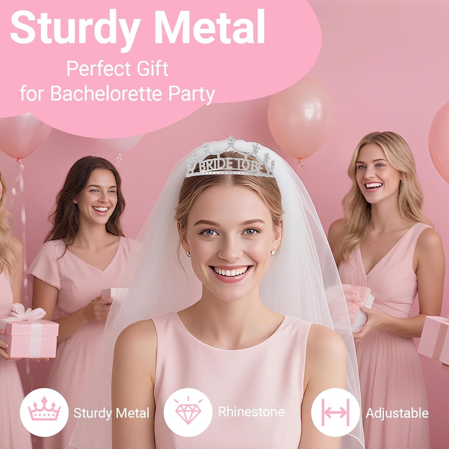 3Pcs Bride to Be Crown with Sash and Veil for Bachelorette Party Decorations，Bridal Shower Accessories for Gift, Favors