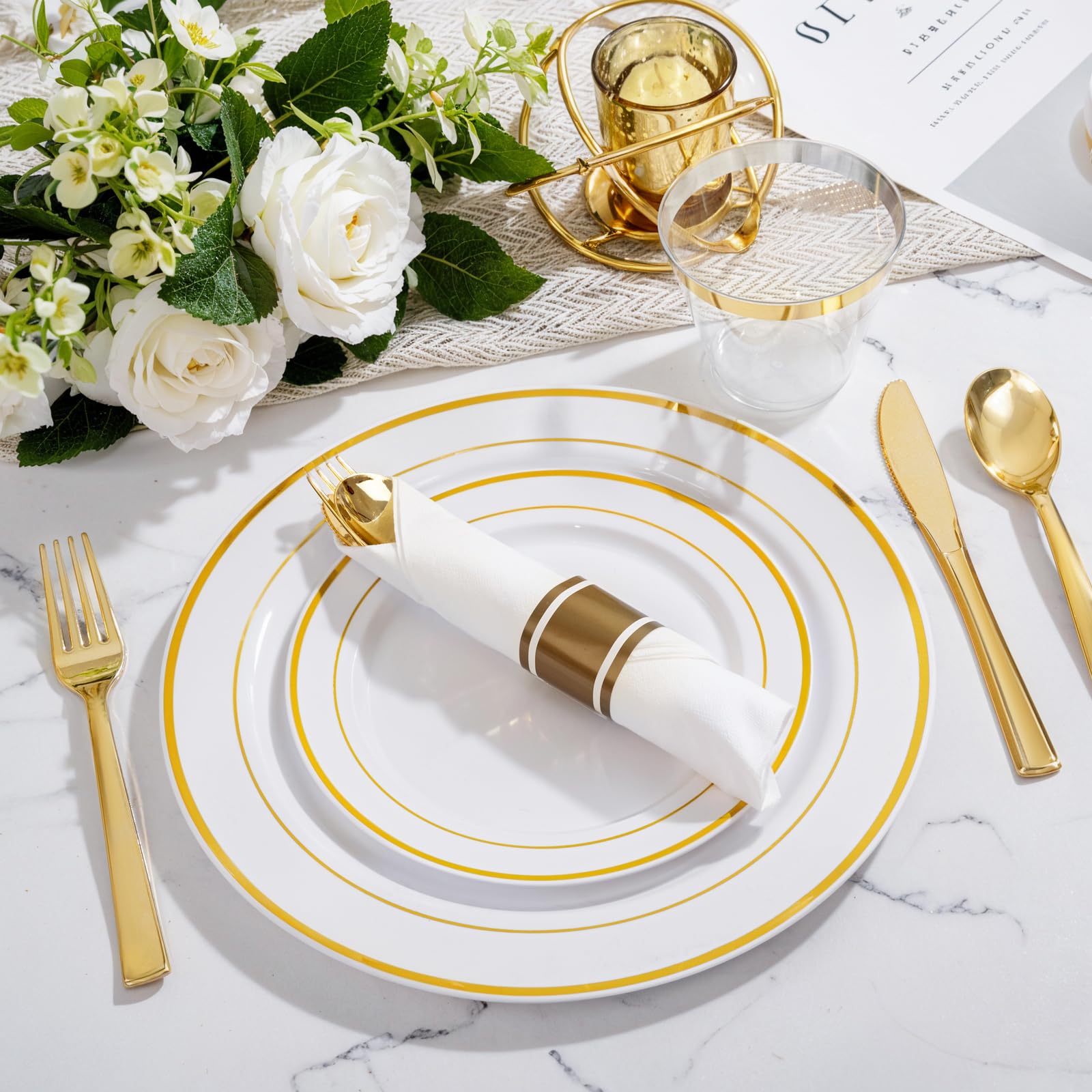 WELLIFE 350-Piece Gold Disposable Plates and Cutlery Set - Premium 10.25" Dinner Plates, 7.5"
