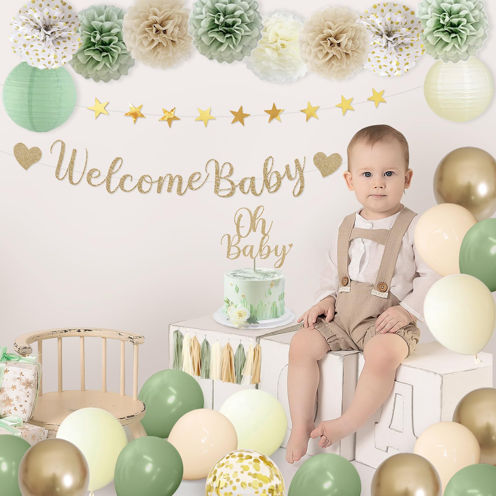 Amandir Sage Green Baby Shower Decorations Welcome Baby Banner
