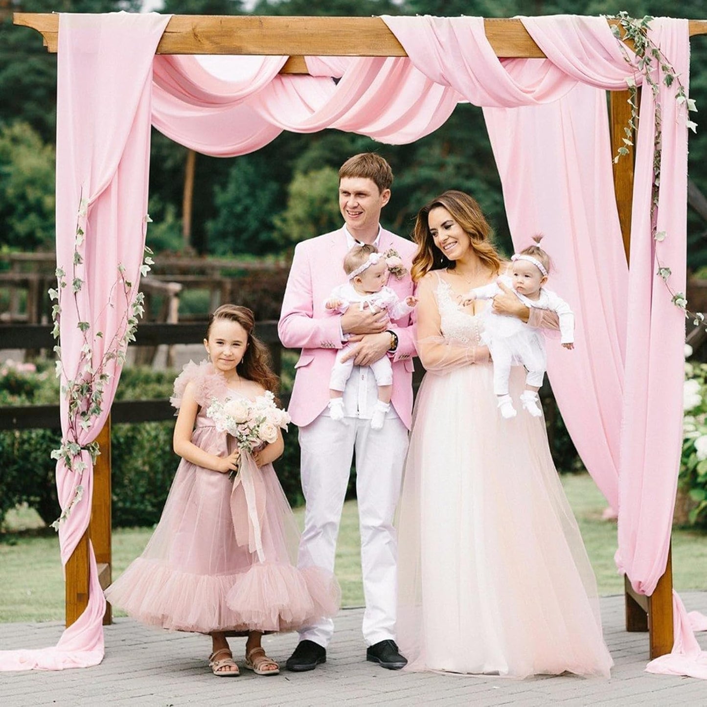 VOK Pink Wedding Arch Draping Fabric Chiffon Fabric, 29in x 18Ft Sheer Chiffon Outdoor Curtain for Wedding Ceremony Birthday Party Decoration (Light Pink,1 Panel)