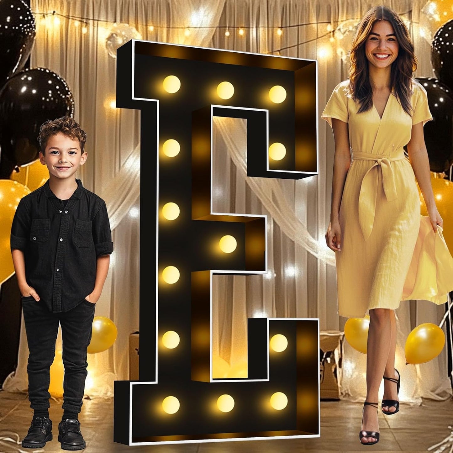 Pooqla 4 FT Marquee Light Up Letters, Giant LED Sign Black Marquee Letter Lights 4 Feet Tall, Big Mosaic Letters for Balloons Birthday Party Anniversary Wedding Decorations, Warm White E