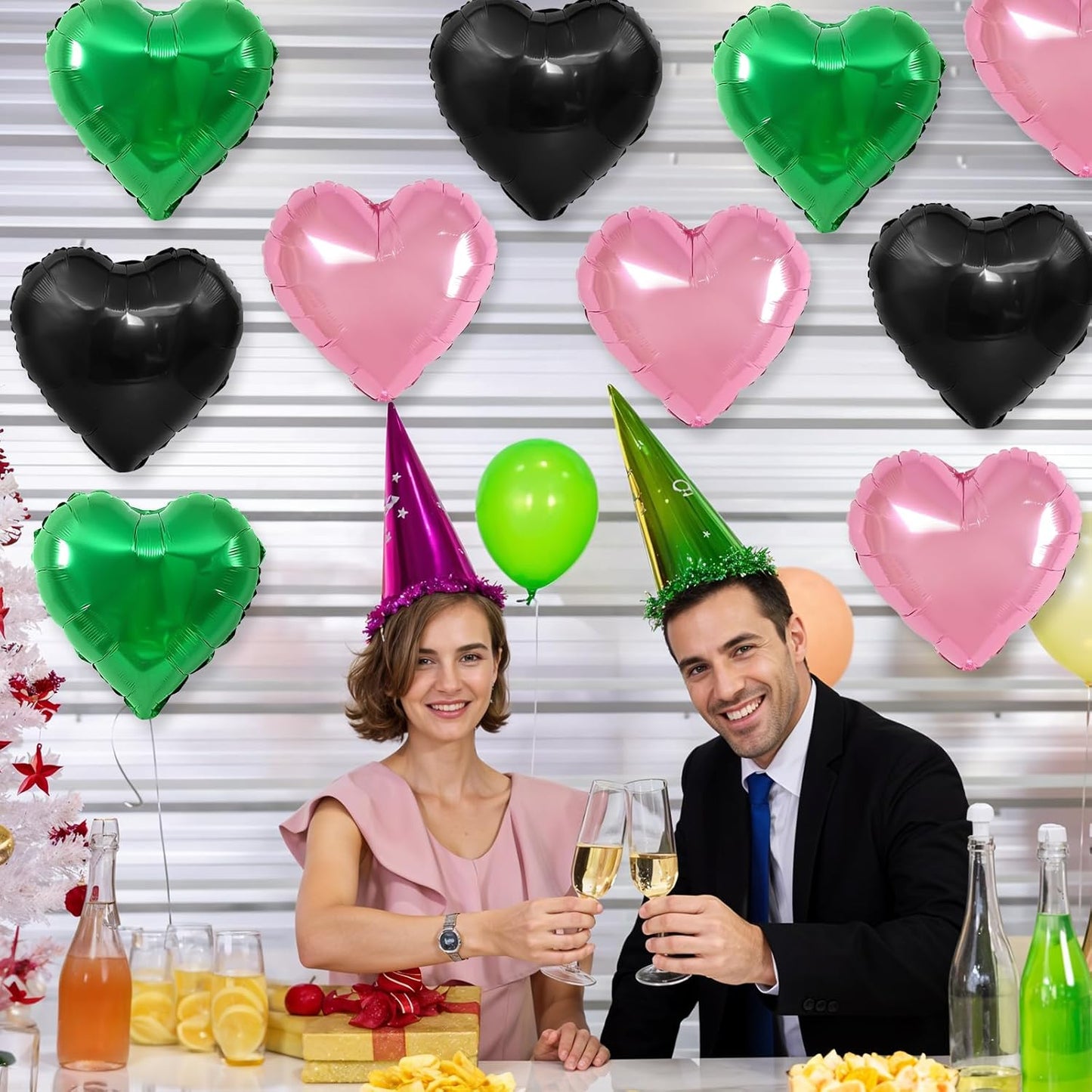 Black Green Pink Heart Balloons,12Pcs 18Inch Pink Green Heart Shaped Foil Helium Balloons for Baby Shower Witch Themed Birthday Anniversary Party Decorations