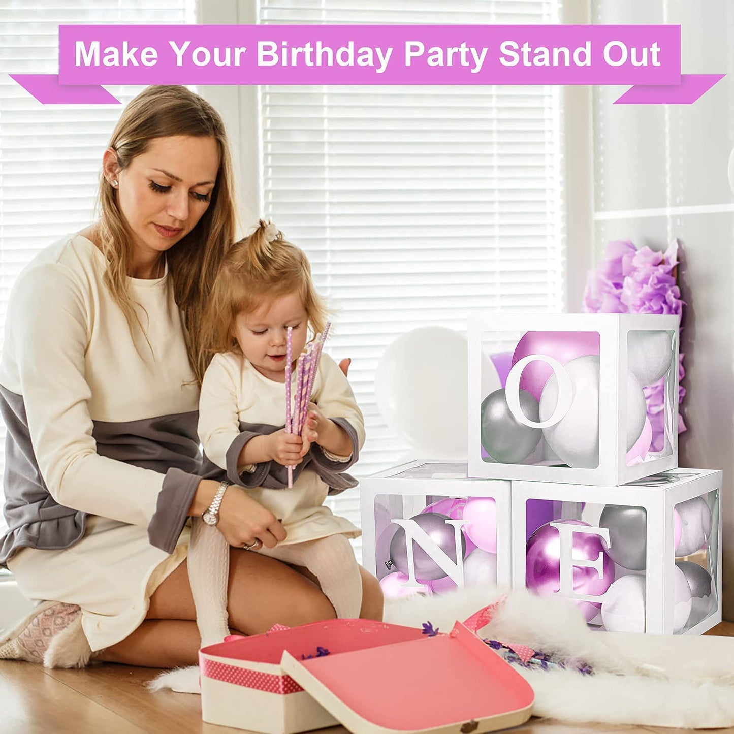 Keencopper First Birthday Decorations For Boy Or Girl, 3 Pcs ONE Balloon Boxes For 1st Birthday