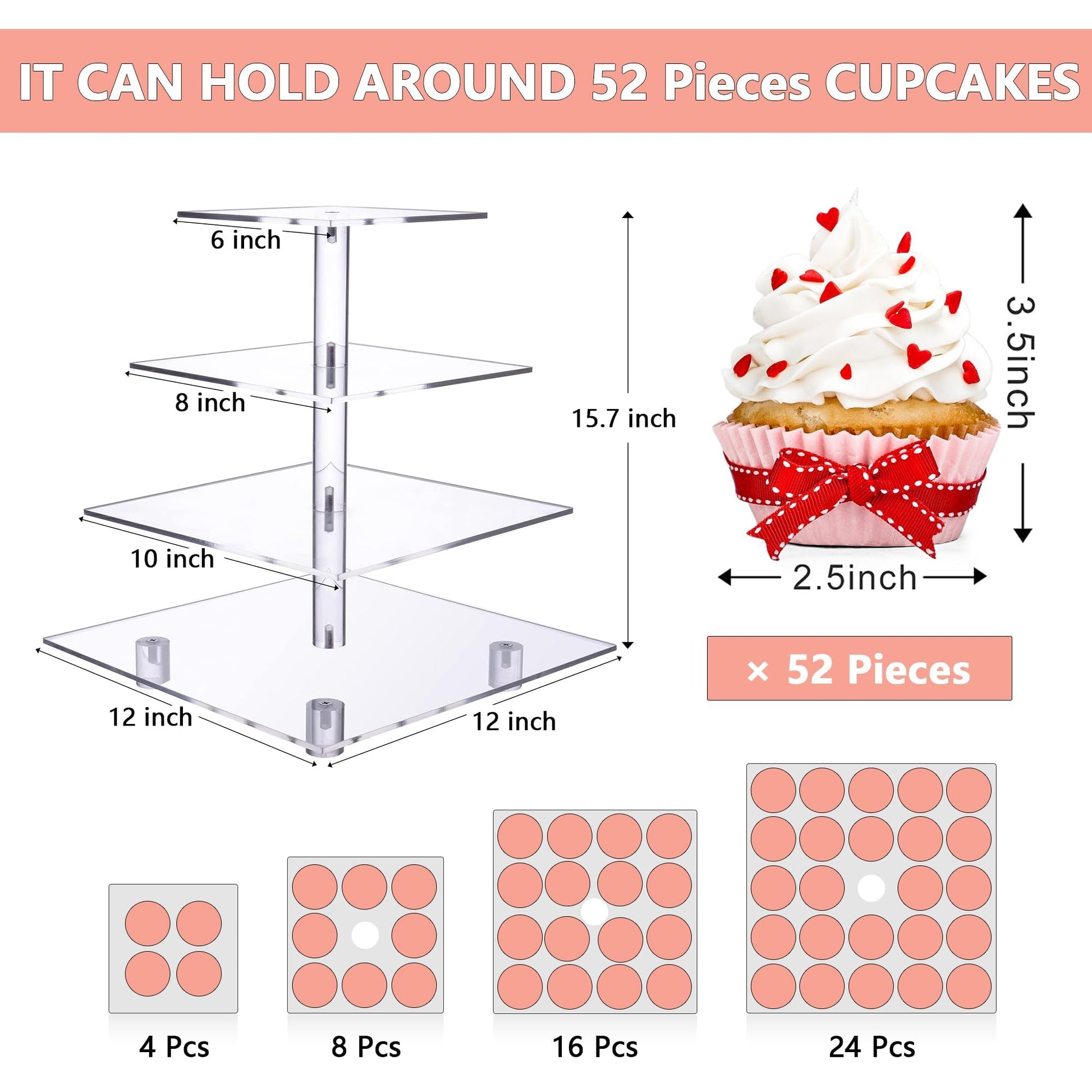 LoveDisplay Cupcake Stand, 4 Tier Cupcake Stand for 50 Cupcakes, Square Tiered Cupcake Tower, Clear