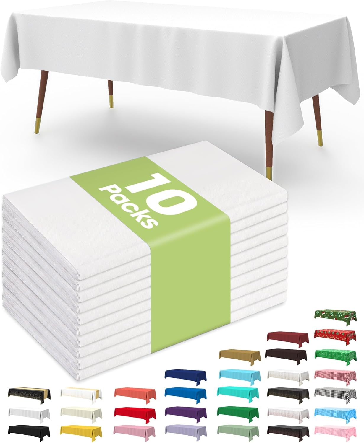 Pureegg Plastic Table Cloth Disposable 10 Pack, 54 x 156 Inch Table Cloths, Party, Picnic, Wedding, Decorative Tablecloths, Rectangle, White Plastic Cover, Leakproof & Sturdy, White