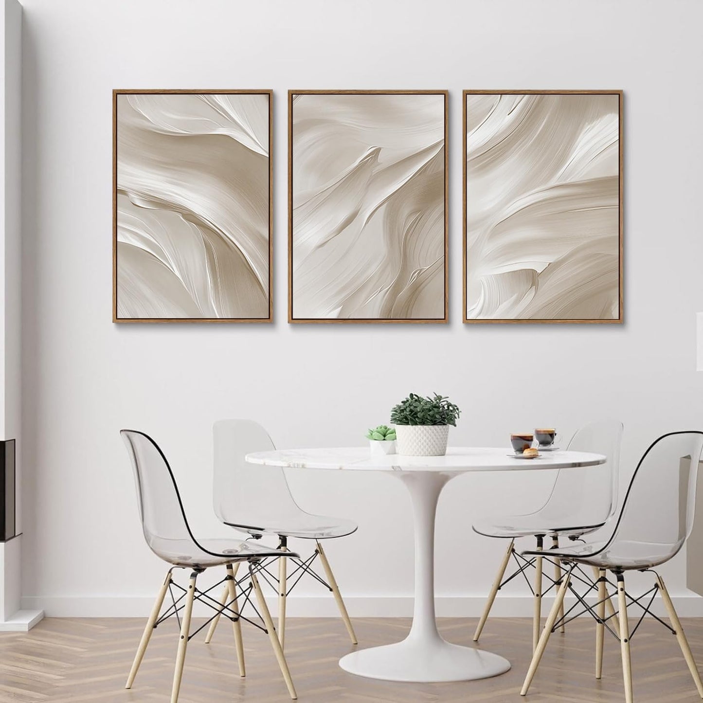 myusuar 3 Piece Large Abstract Framed Wall Art For Living Room, Smoke Texture Ink Beige White Canvas Wall Art Modern Minimalist Art Prints Wall Décor For Bedroom Office 16x24in
