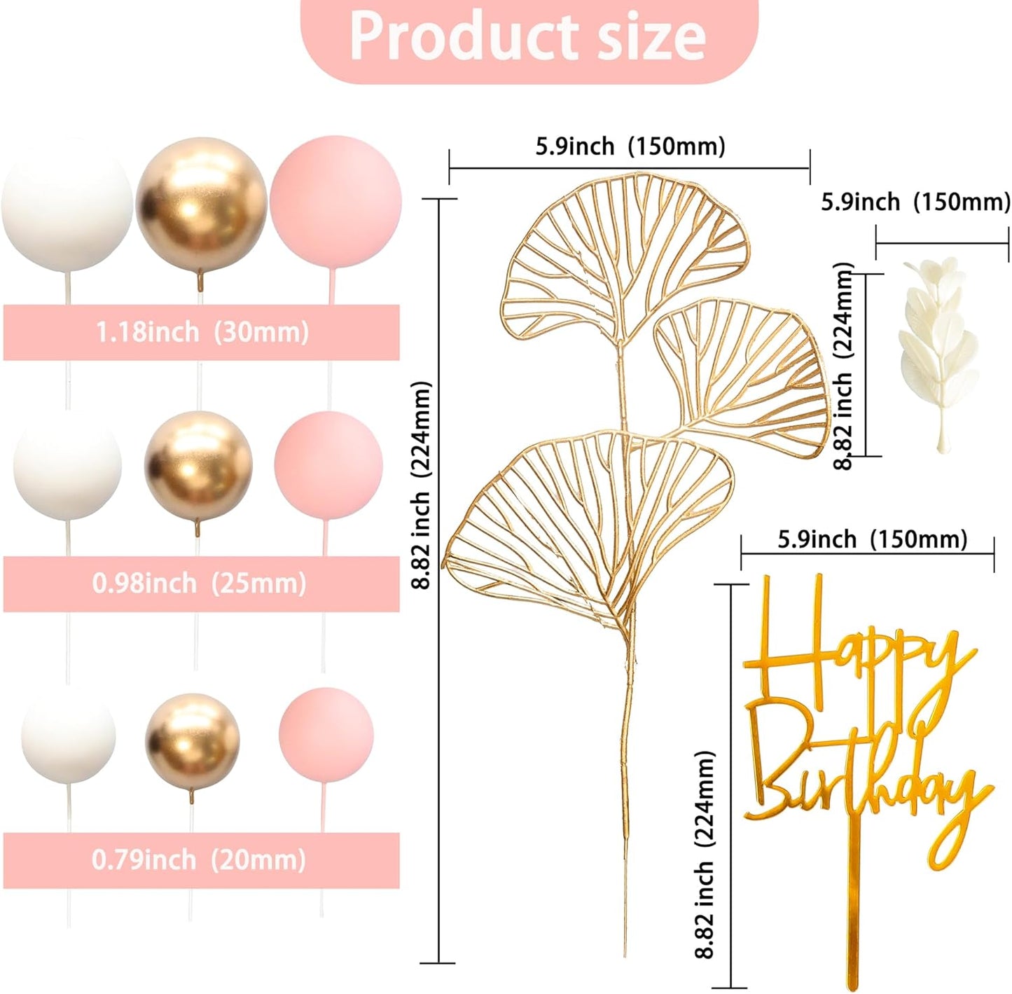 Gyufise 57Pcs Balls Cake Topper Boho Grass Cake topper Pearl Balls Acrylic Happy Birthday Cake Decorations for Wedding Baby Shower Birthday Boho Themed Party Supplies Pink