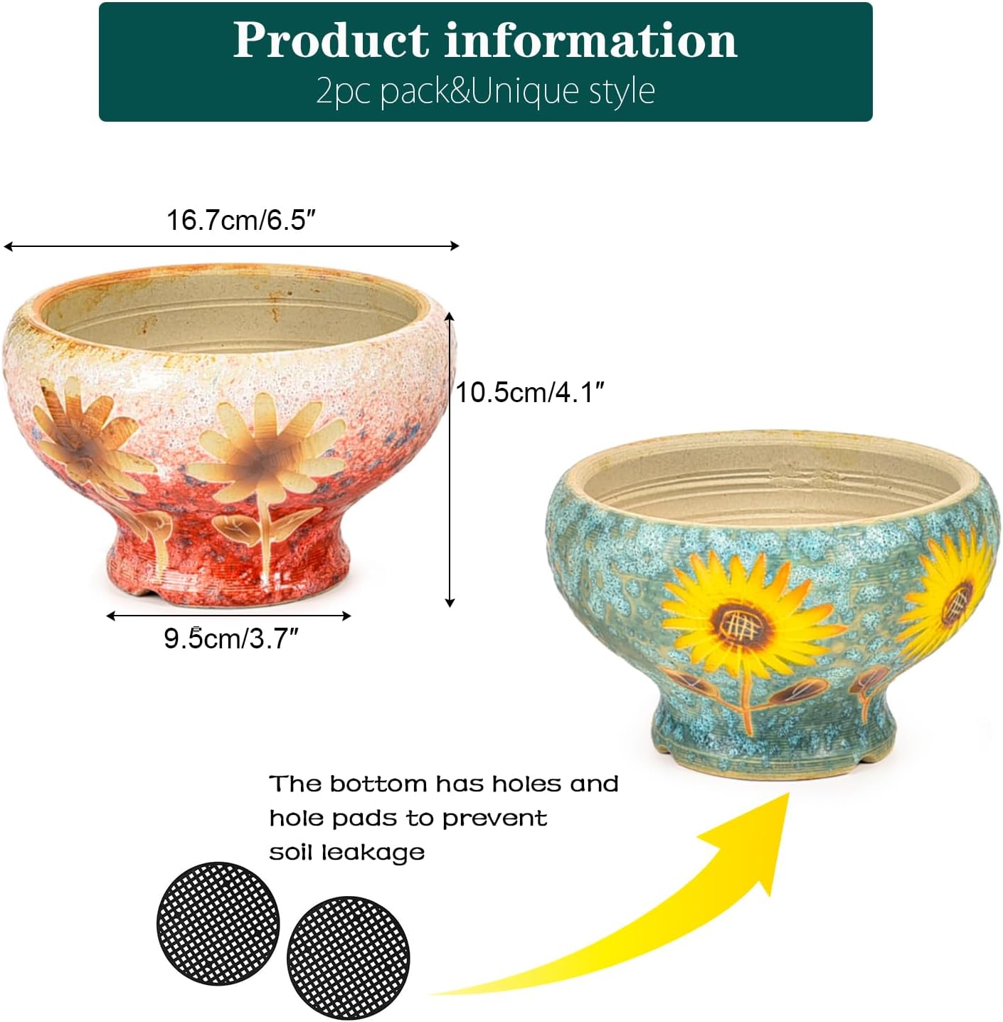 Sungmor Small Succulent Planters Set of 2, Beautiful Hand Crafted Ceramic Plant Pots Cute Cactus Pot, 6.5 Inch Flower Pots for Indoor Plants with Drainage, Desktop Windowsill Home Office Decor Pots