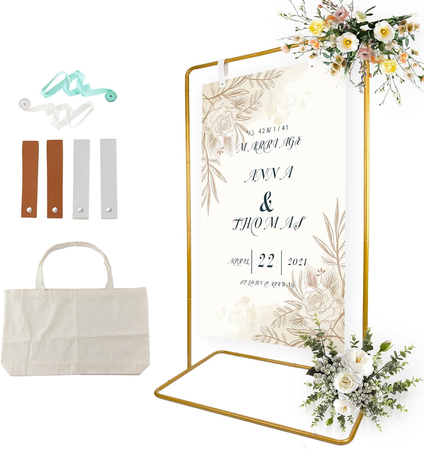 Wedding Sign Holder, Adjustable Welcome Sign Stand w/ Leather Hanging Strap, Satin Ribbon & Carry-on Bag, Heavy Duty Easel Stand for Wedding Seating Chart, Display & Poster (Gold)