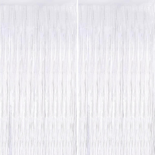 Keyali 2 Pack 3.3 * 8.3 ft Foil Curtain Metallic Tinsel Fringe Curtains Photo Booth Props Backdrop for Birthday Wedding Engagement Baby Shower Christmas Holiday Celebration Party，White