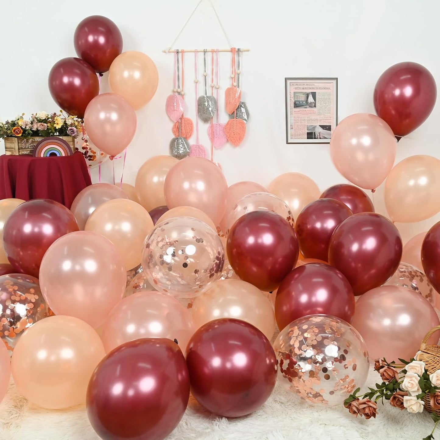 Balloons Burgundy Rose Gold, 60 Packs 12 Inches Wine Red Champagne Latex Balloon Rose Gold Confetti Balloons for Women Girls Birthday Wedding Bridal Shower Party Anniversary Decoration