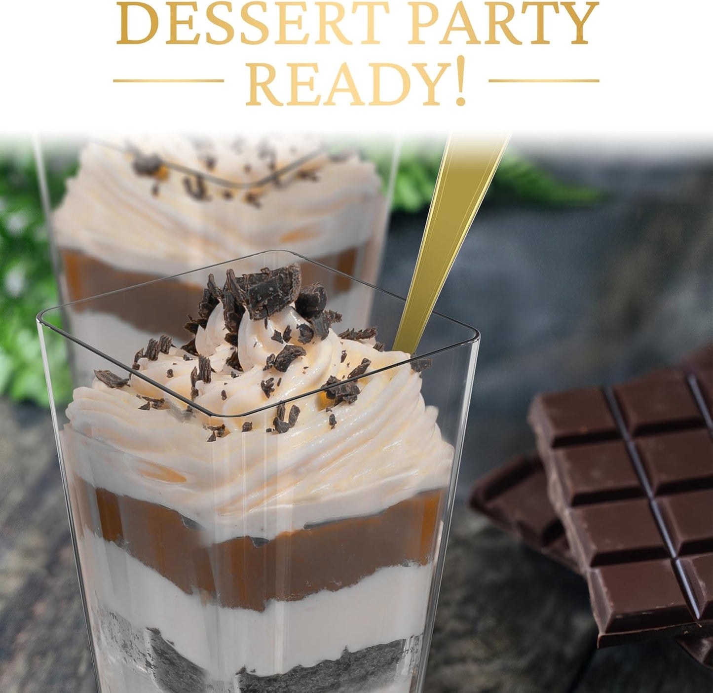 100 Pack 3 oz Mini Dessert Cups with Lids and Spoons (Gold Spoons) - Plastic Shooter Appetizer Parfait Cups with Lids Reusable - BPA Free Catering Supplies for Party - Dessert Serving Bowls