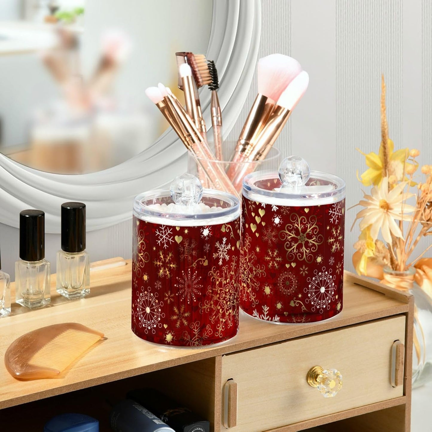 Gredecor Christmas Winter Qtip Holder Dispenser 2 Pack Gold and White Snowflakes Apothecary Jars with Lids Bathroom Vanity Countertop Canister Storage Organizer for Cotton Ball,Swabs,Pads,Floss