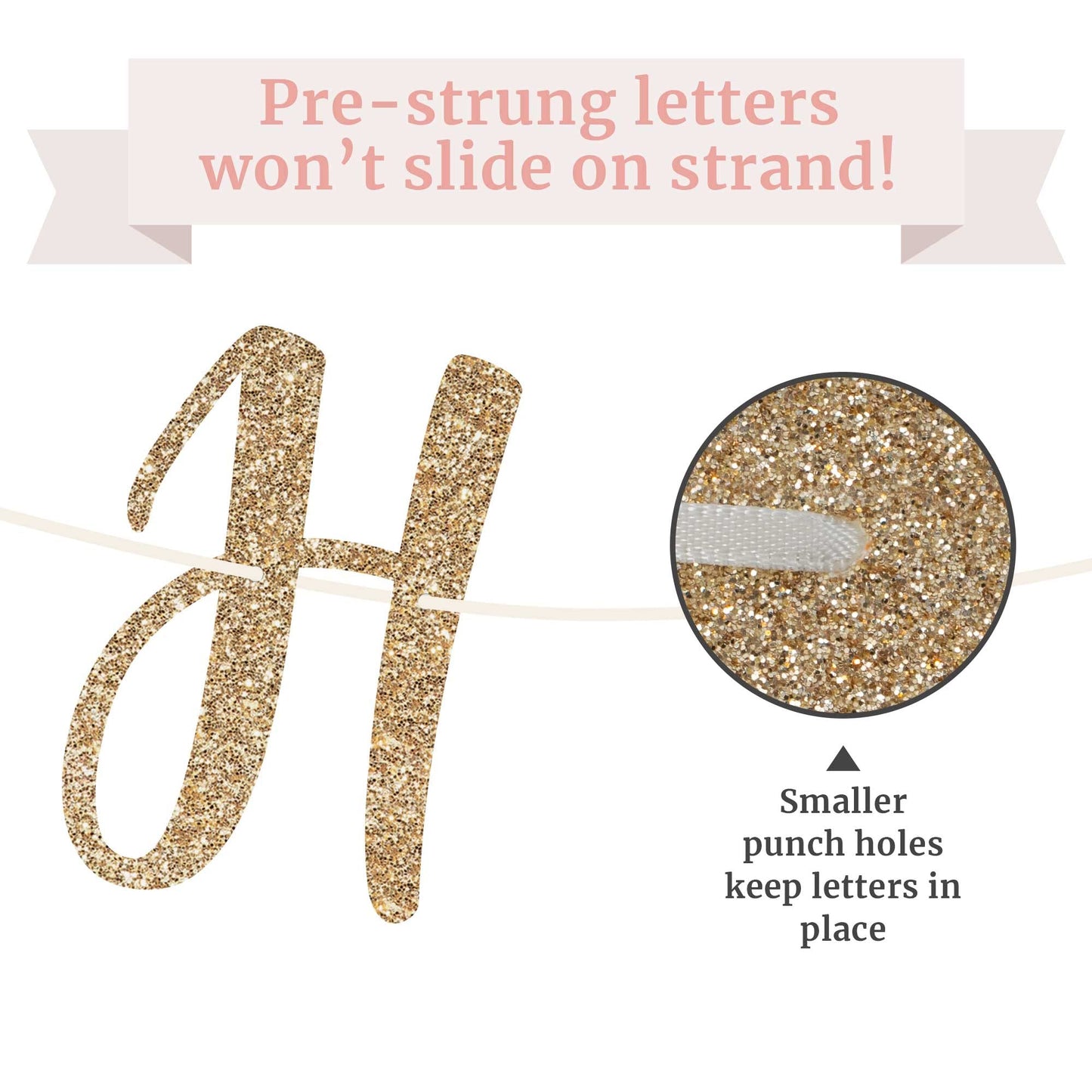 Pre-Strung Happy Anniversary Banner - Gold Glitter Anniversary Banner