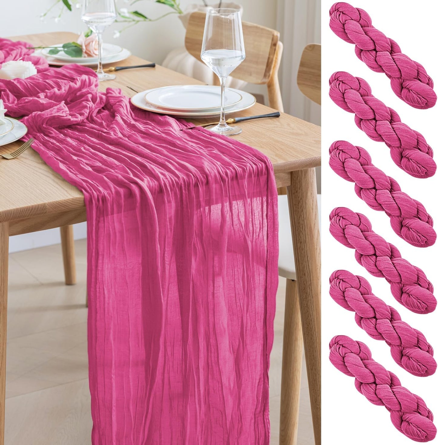 Asee'm 6pcs Cheesecloth Table Runner 120 Inches Long Deep Pink Boho Gauze Cheese Cloth Runner 10FT Rustic Sheer Table Runners for Christmas Wedding Party Baby Shower Spring Easter Decoration