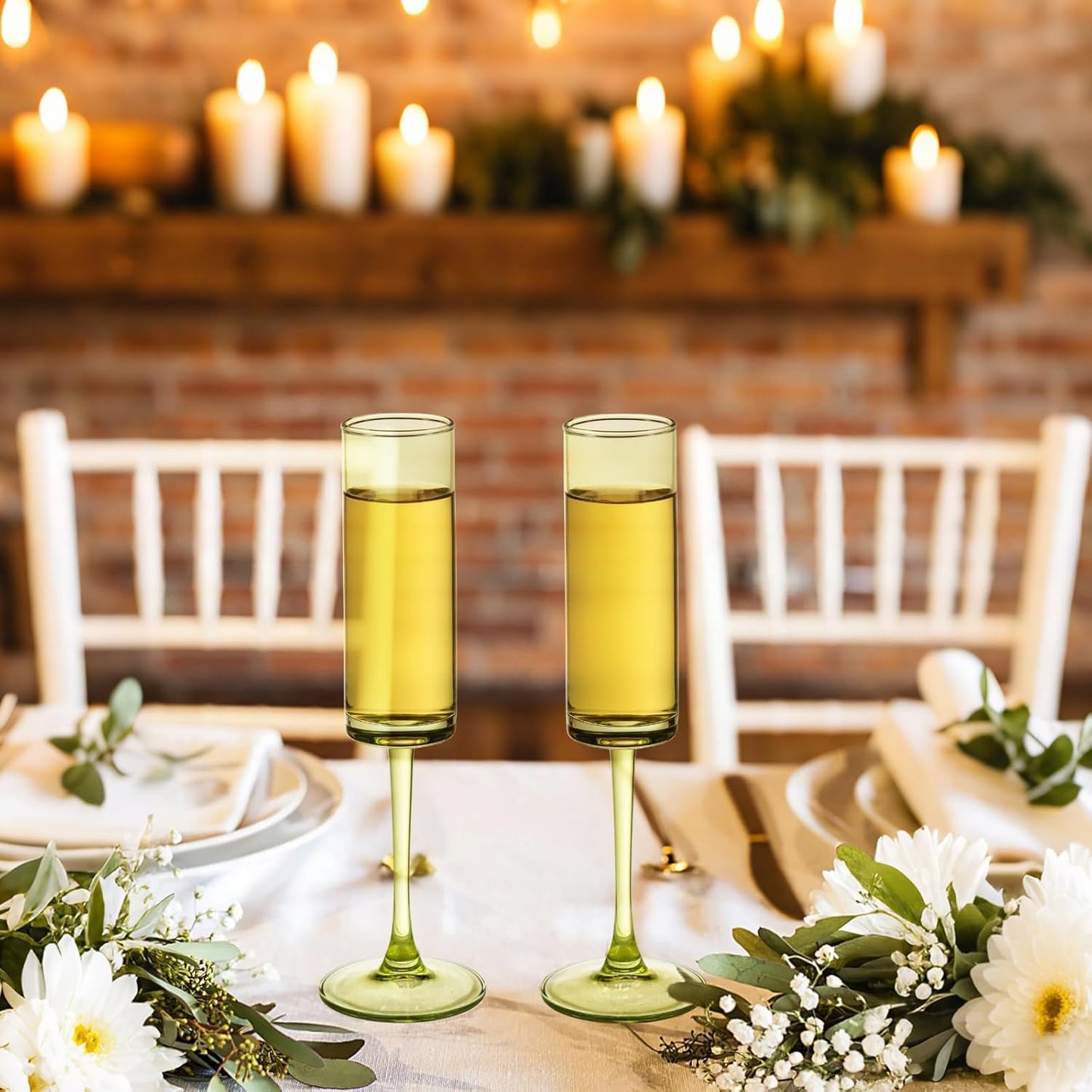 6 Pieces Green Champagne Flutes 6 OZ Straight Sided Wine Glasses Champagne Long Stem Drinking Colored Glasses,Set of 6 Hand Blown Champagne Flutes Goblets for Wedding Cocktail Cups,Cava, Prosecco