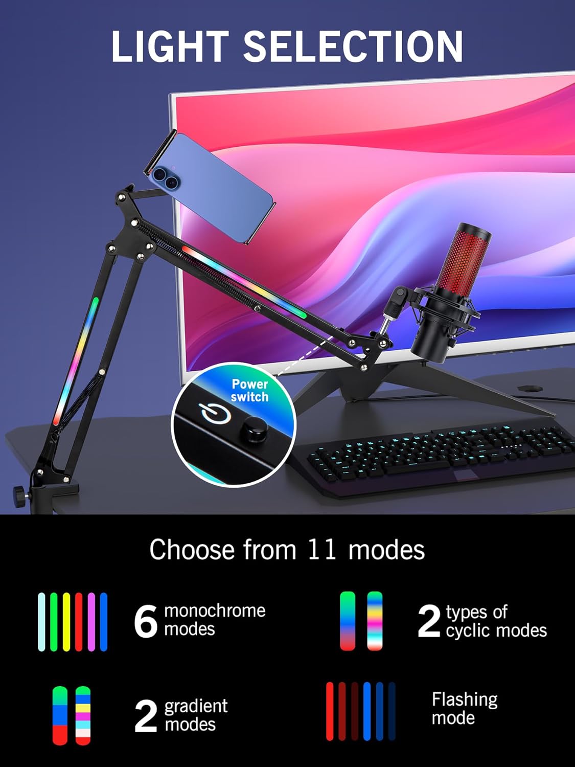 SUNMON RGB Boom Arm - Mic Arm With RGB Light, Adjustable 11 Light Modes, Microphone Boom Arm With Adapter Compatible with Fifine Microphone, Blue Yeti, HyperX QuadCast and Most Gaming Mic