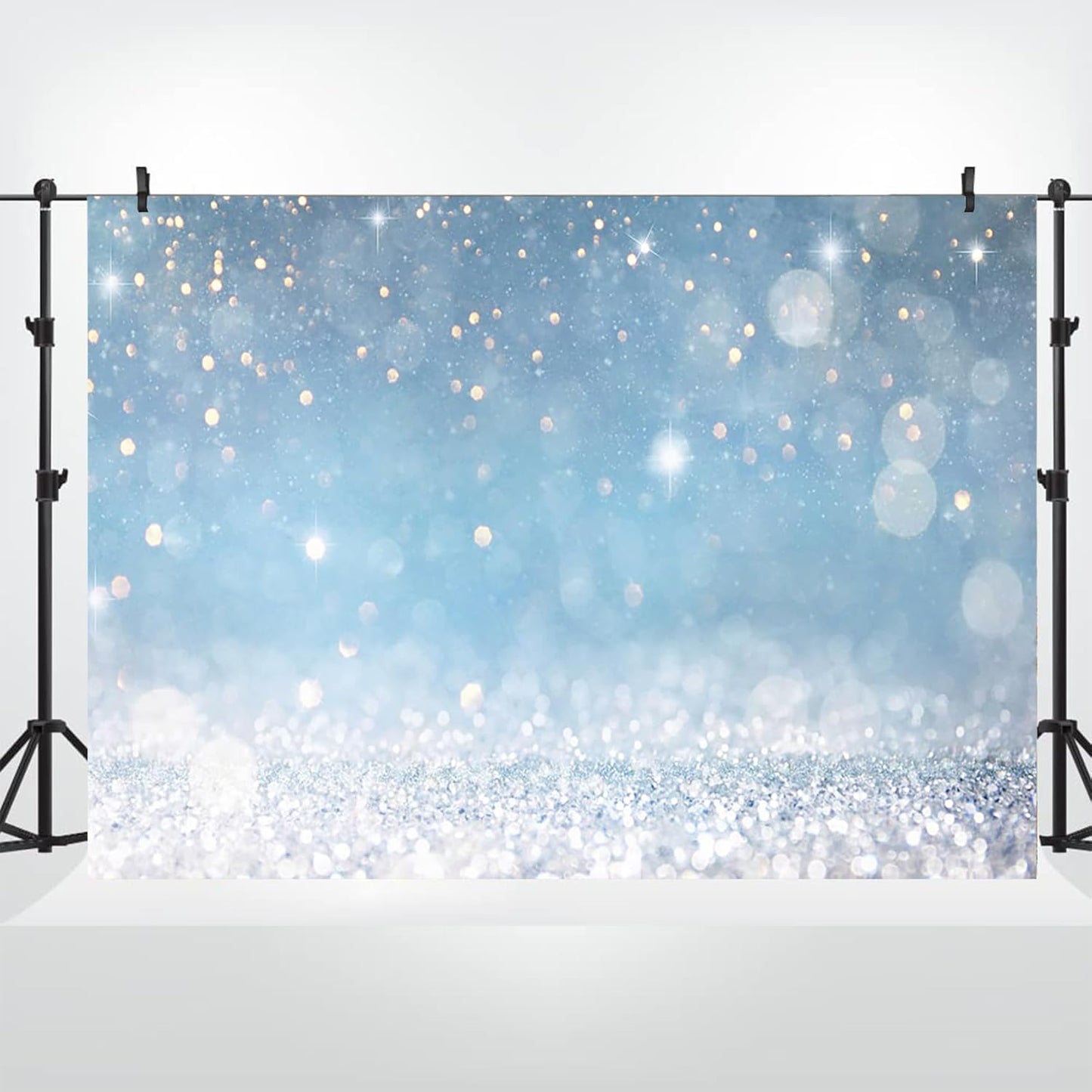 7x5ft Blue Bokeh (Not Glitter) Backdrops Birthday Party Abstract Golden Sparkling Spots Photography Background Baby Shower Wedding Prom Graduation Party Bokeh Decor Banner Photoshoot Props