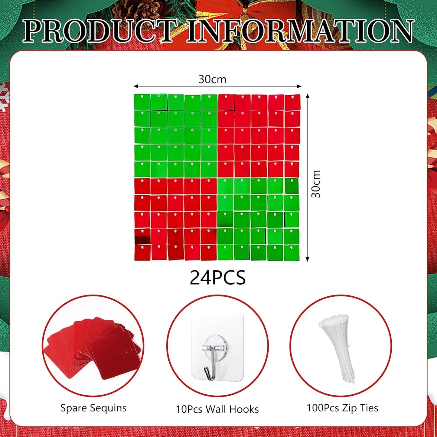 24PCS Red Green Shimmer Wall Backdrop, Xmas Square Sequin Photo Backdrops Panel, Glitter Wall Background for Birthdays, Weddings, Christmas, Engagements, Disco Bachelorette Party Decor (4FTx6FT)