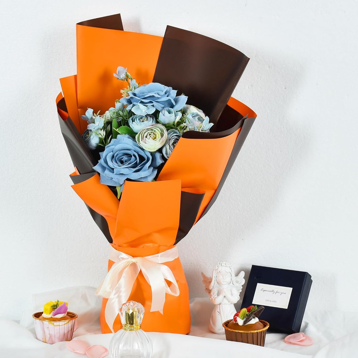 BEISHIDA 20Pcs Orange and Brown Double Sided Floral Wrapping Paper Matte Waterproof Flower Bouquet Wrapping Paper for Floral Wrap Florist Packing Supplies Birthday Valentine's Christmas Gift Wrapping