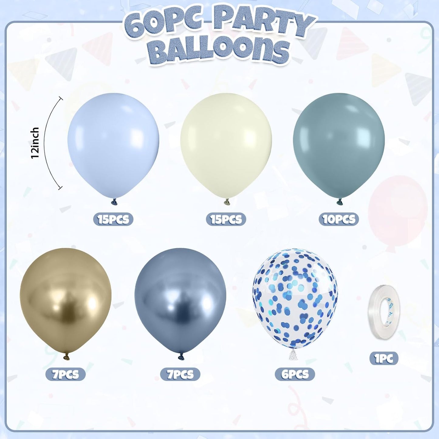 Dusty Blue Balloons, 60pcs Gold And Blue Balloons, Metallic Champagne Gold Balloon Confetti Balloon For Birthday Baby Shower Father's Day Retirement Graduation Anniversary Party Wedding Decorations