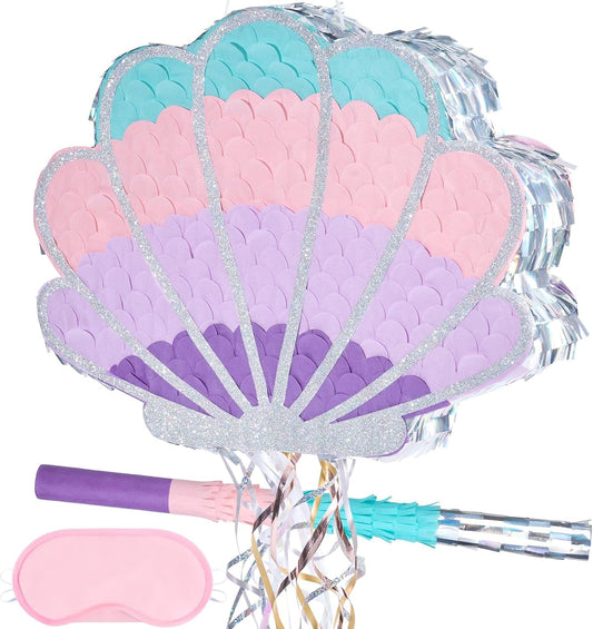 Wernnsai Mermaid Seashell Piñata - Pink Shellfish Pinatas for Kids Girls Birthday Mermaid Princess Party Decorations Under The Sea Ocean Theme Party Games With Bat Blindfold 16“ x 12.5" x 3"