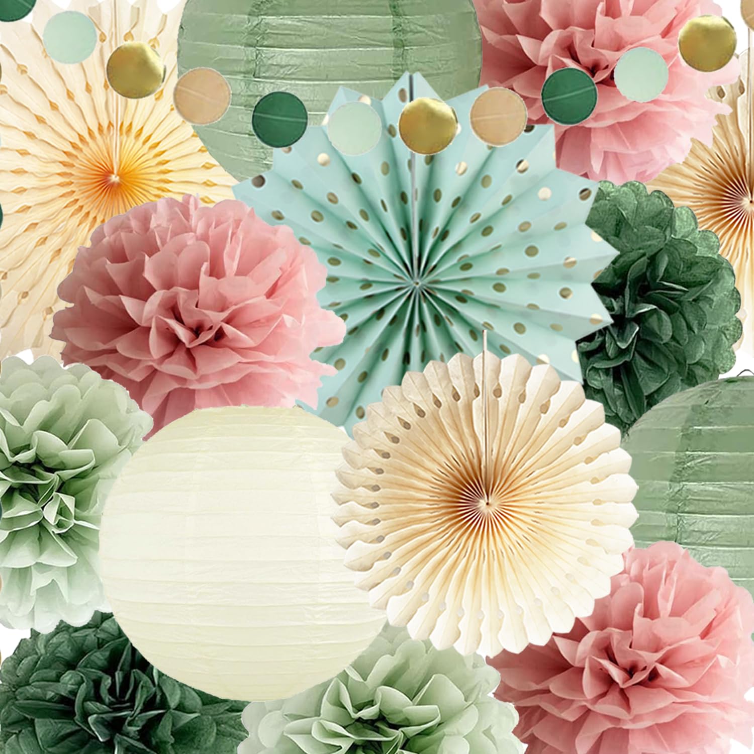 Sage Green and Dusty Pink Party Decorations Green & Pink Party Decor Sage Tissue Pom Poms Paper