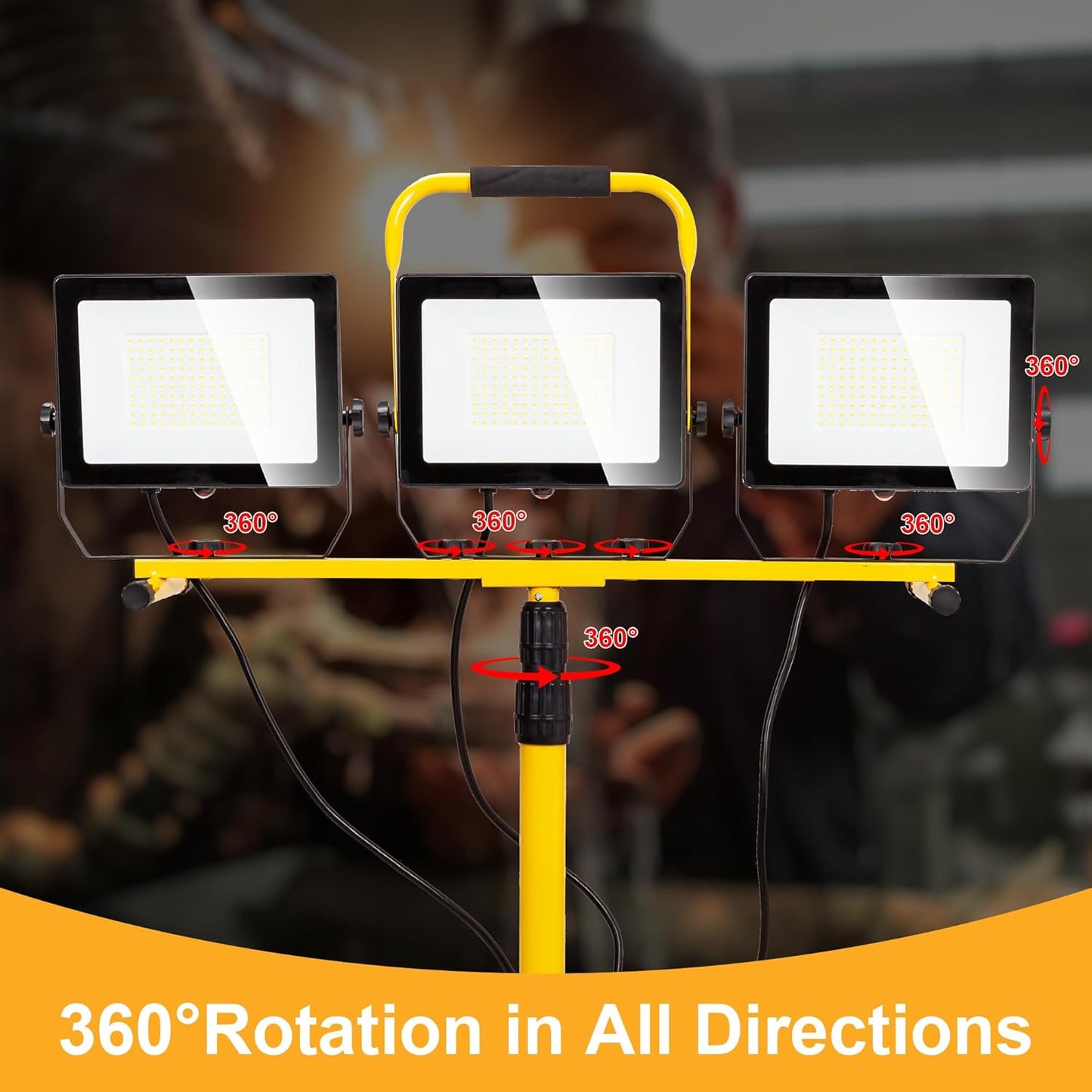 LED Worklights 60000Lumen, 3 Head 600W Work Light, Portable, with Stand, with 13.5FT Cord, IP66 Waterproof, Tripod, for Outdoor Indoor, Construction Site