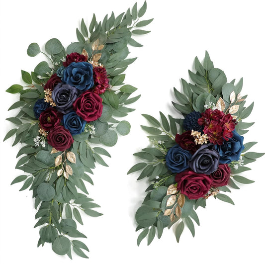 Artificial Navy Blue Wedding Arch Flower Swags Set of 2 for Wedding Welcome Signs Floral and Wedding Reception Ceremony Decorations, Burgundy Wedding Flowers Decor