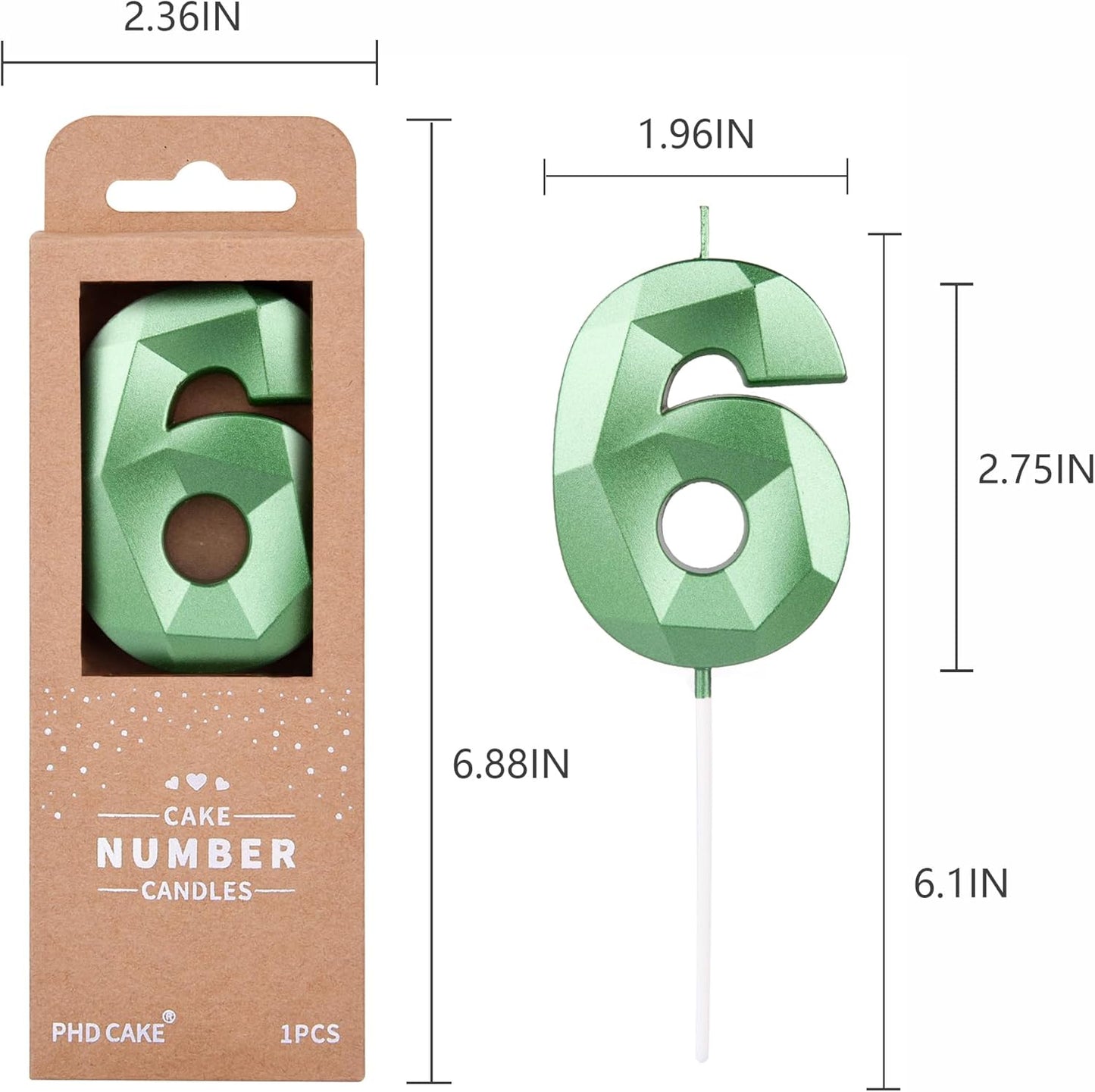 PHD CAKE 2.76 Inch Crystal Green 6 Number Cake Candle, Numeral Birthday Candles, Green Number Candles, Party Celebration