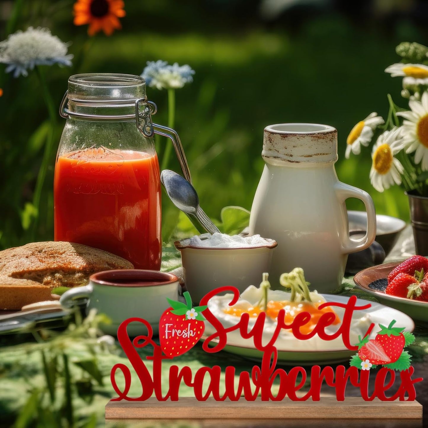 Fresh Sweet Strawberries Metal Sign Rustic Table Decor Summer Tiered Tray Decor with Wooden Base Freestanding Metal Word Sign for Home Tabletop Centerpiece Mantel Shelf Fireplace