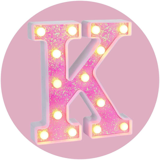 Foaky Pink Light up Letters，Pink Party Decorations,Girls Room Decor,Glitter Light Up Letters,Alphabet Letter Sign for Night Light Birthday Party Girls Gifts, Home Bar Decoration（K）