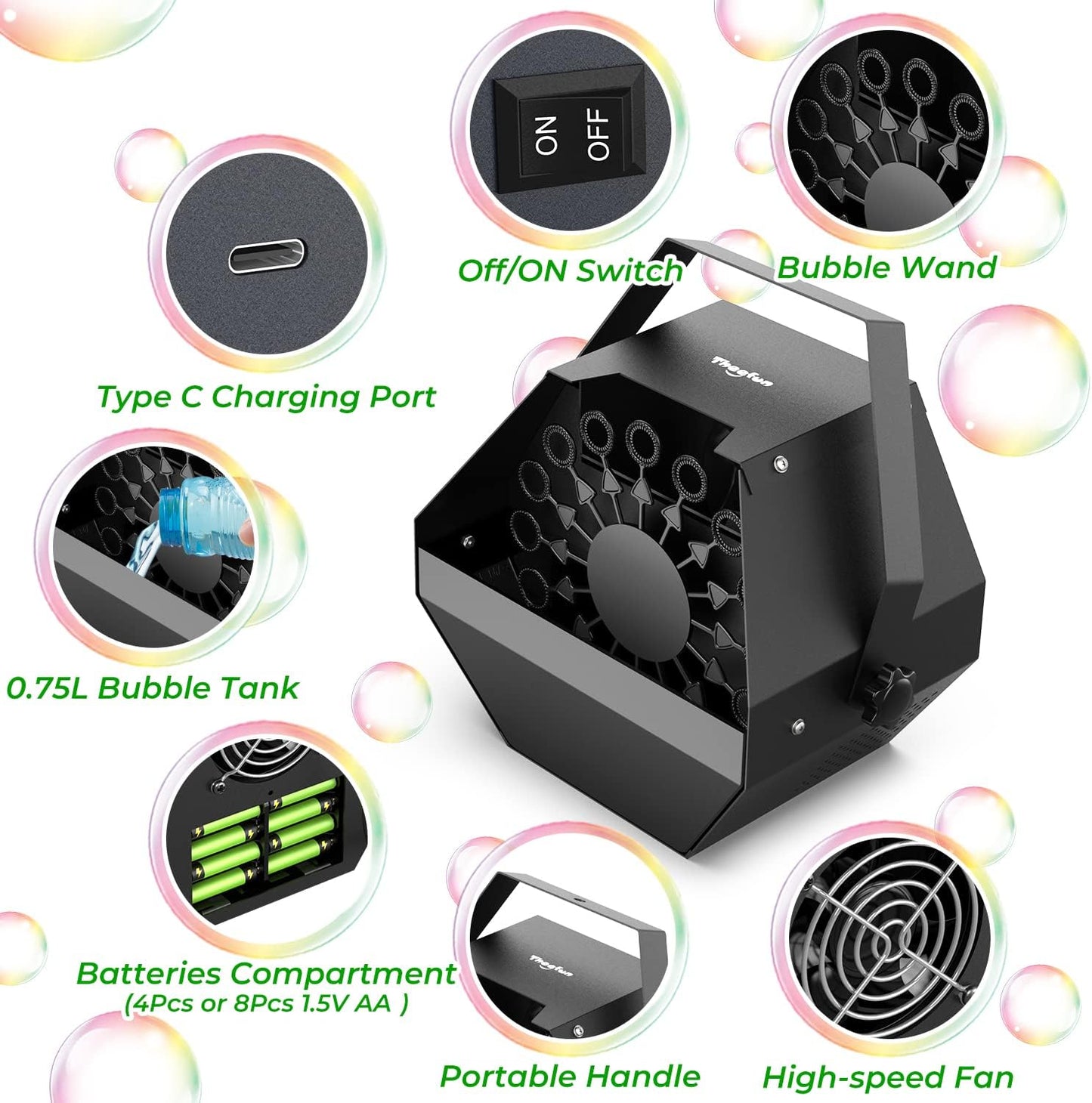 Theefun Batteries Bubble Machine: 750ML Metal Bubble Blower Type-C Operated with 1000+ Bubbles Per Minute, Professional Automatic Portable Bubble Maker for Parties Wedding Birthday Indoor Outdoor Use