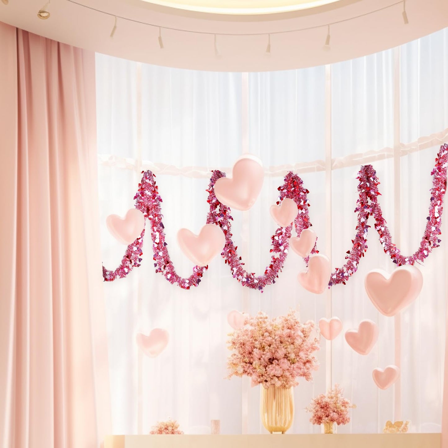 Valentines Garland Decor,50Ft Glitter Tinsel Heart Garland Decorations for Tree Mantle Bedroom